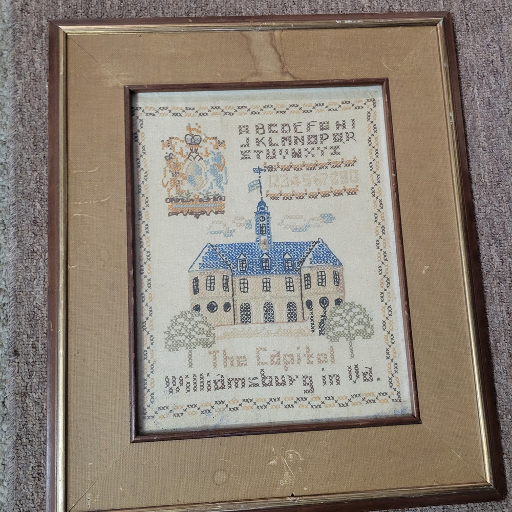Framed Embroidered Sampler, The Capital Williamsburg, Va.